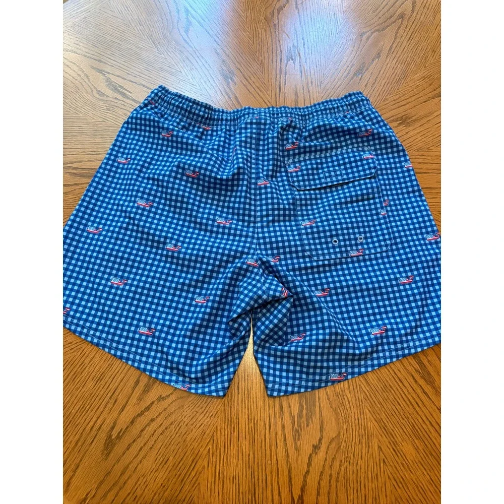 Vineyard Vines Mens Blue Gingham American Flag Whale Swim Trunks Size M
